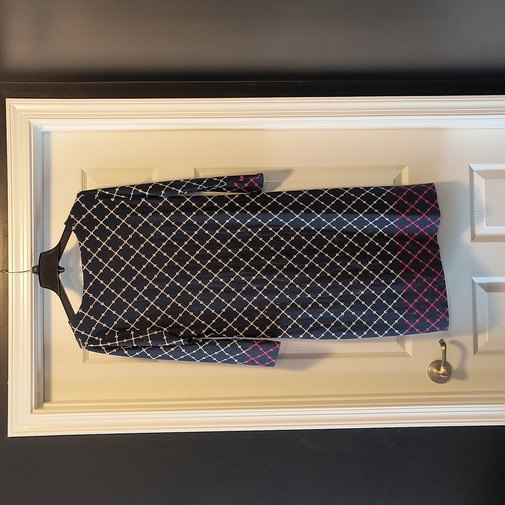 Charter Club - Navy and Pink Lattice Long Sleeve Dress M